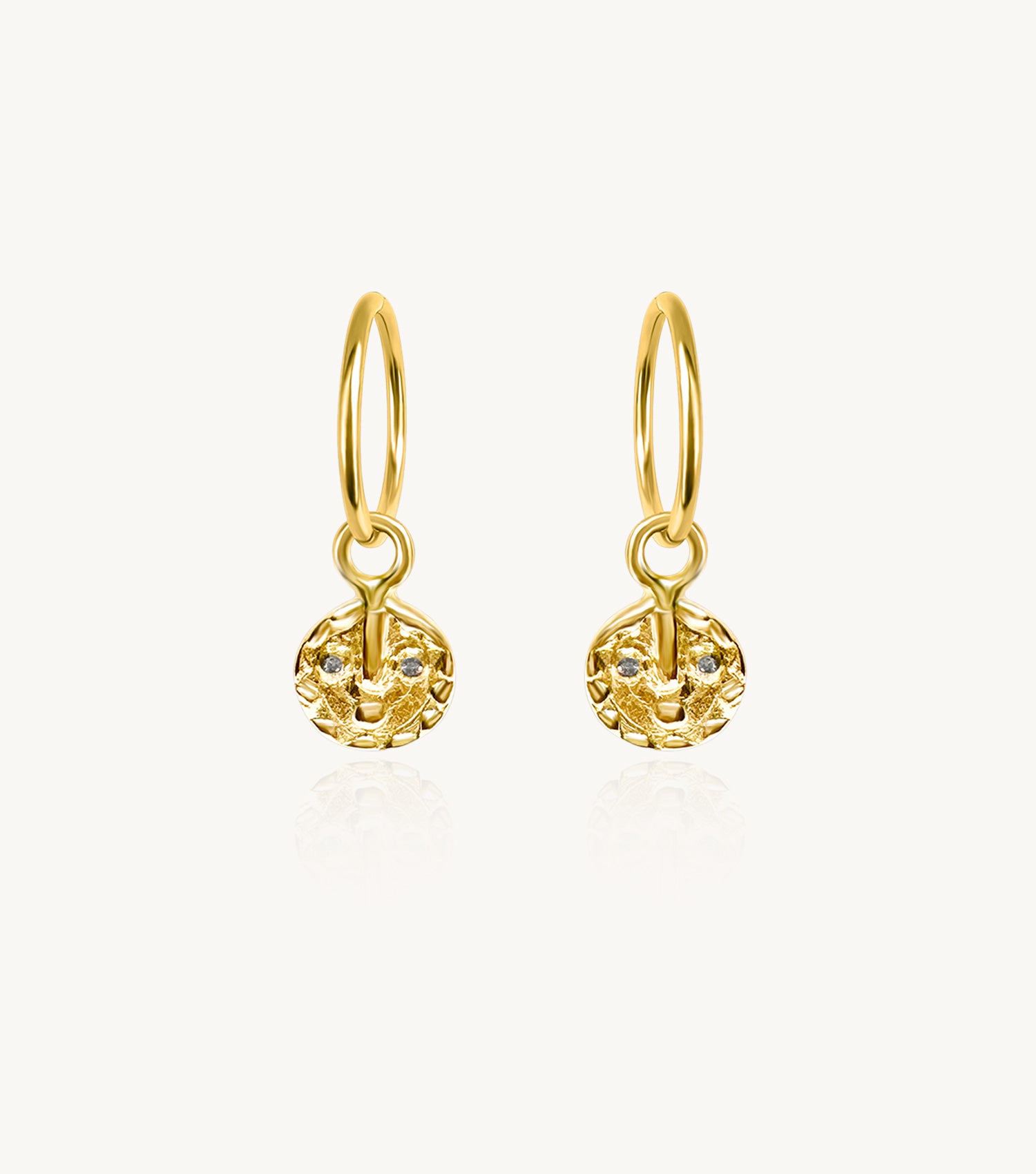SUN MASK CHARM HOOPS 9CT GOLD