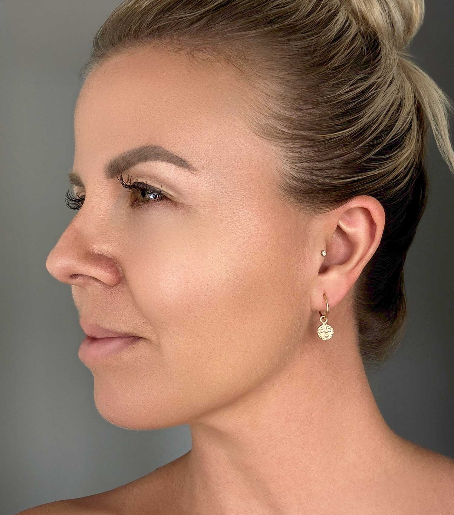 SUN MASK CHARM HOOPS 9CT GOLD